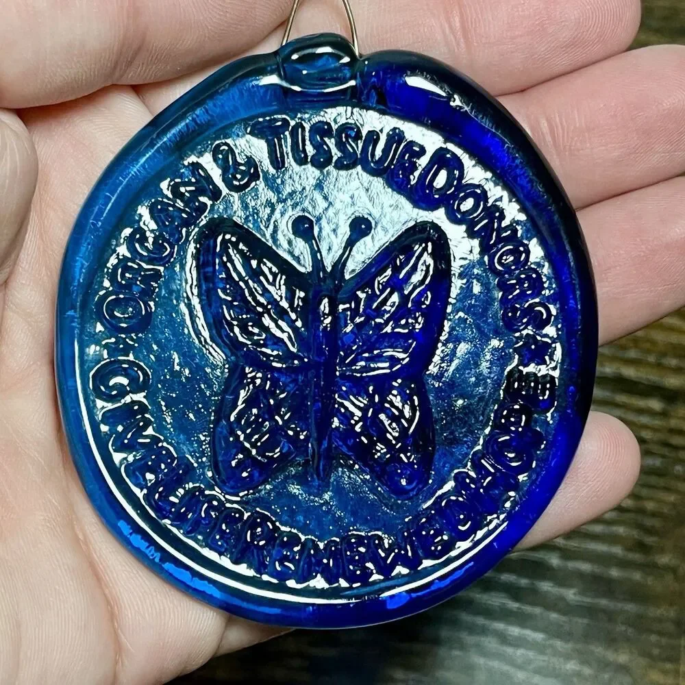 Vintage Blue Cobalt Glass Butterfly Suncatcher Organ Donor Give Life Hope